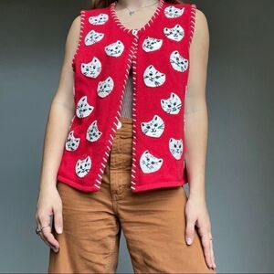 Vintage Women’s 90s Susan Bristol Red White Novelty Cat Patch Sweater Vest Sz M